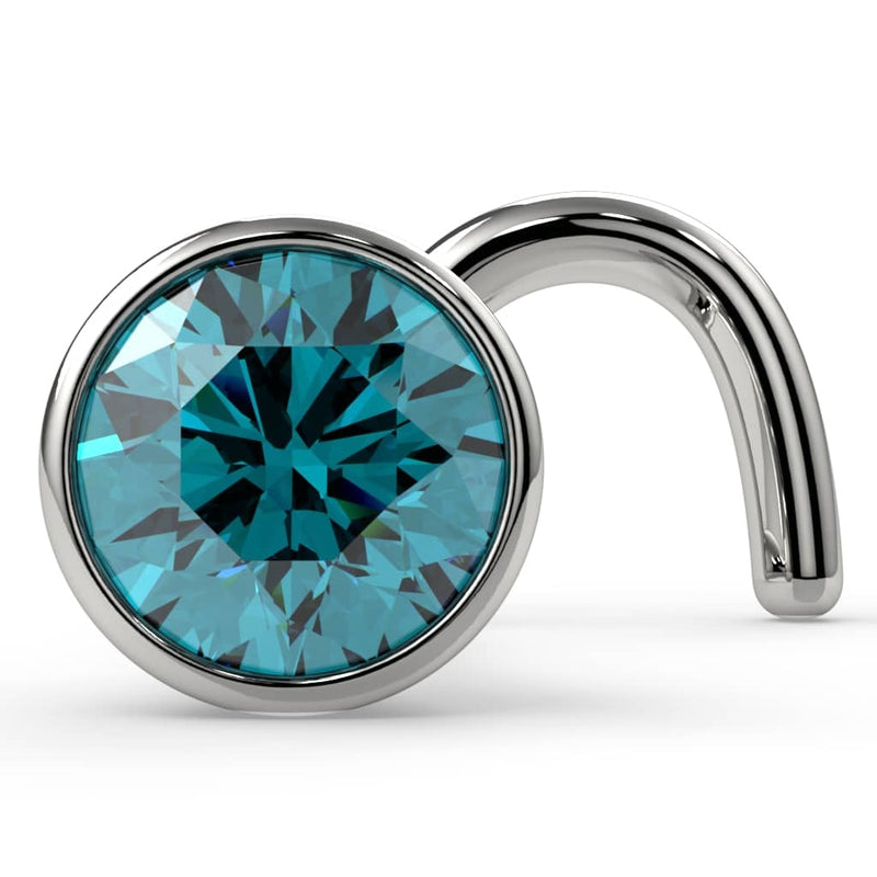 14k white gold 3mm blue diamond bezel nose ring stud with twist post, angled front view