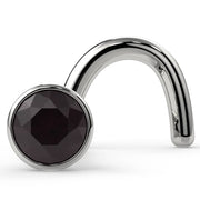14k white gold black diamond bezel nose ring twist style, angled view showing screw post