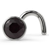14k white gold black diamond bezel nose stud, twist post style shown at an angle