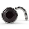 14k white gold 3mm black diamond bezel nose ring twist style, large stone close-up angled view