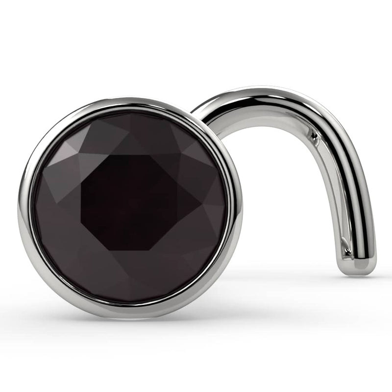 14k white gold 3mm black diamond bezel nose ring twist style, large stone close-up angled view