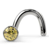 14k white gold yellow diamond bezel nose ring twist style, angled front view showing spiral post