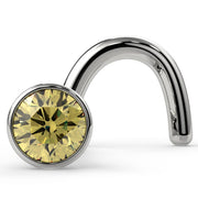 14k white gold yellow diamond bezel nose ring twist style, angled front view showing curved post