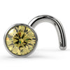 14k white gold twist nose stud with 2.5mm yellow diamond in bezel setting, angled front view