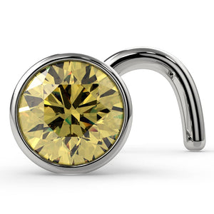 14k white gold 3mm yellow diamond bezel nose stud with twist post, angled front view