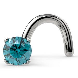 14k white gold twist nose ring stud with 2mm blue diamond in four-prong setting, front view