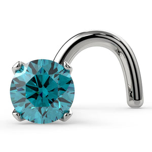 14k white gold 2.5mm blue diamond nose stud with 4-prong setting, twist post style, front view