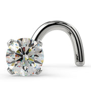 14k white gold 2.5mm diamond nose stud with 4-prong martini setting and twist post, front angle view