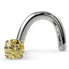 14k white gold twist nose stud with 1.5mm yellow diamond in four-prong setting, front view