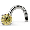 14k white gold twist nose ring stud with 2mm yellow diamond in four-prong setting, front view
