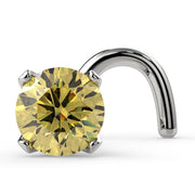 14k white gold yellow diamond nose ring stud with twist post, front view showing prong setting