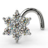 14K white gold CZ flower nose ring twist, angled view showing 7-stone cluster and screw post detail