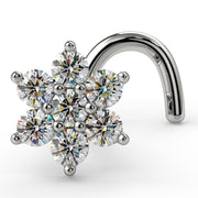 14K white gold CZ flower nose ring twist, angled view showing 7-stone cluster and screw post detail