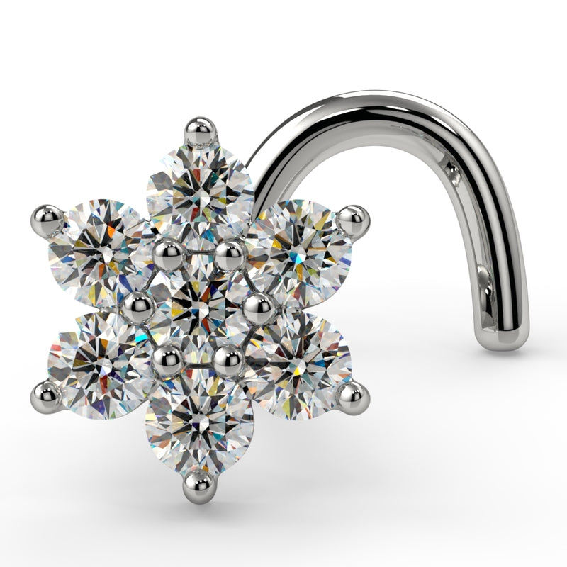14K white gold CZ flower nose ring twist, angled view showing 7-stone cluster and screw post detail