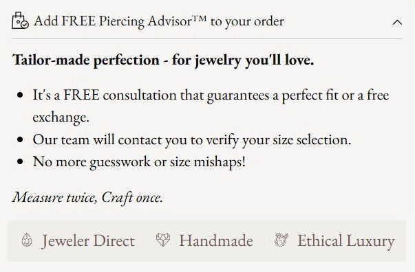 Promotional text for a free piercing advisor service with details on customization and quality assurance.