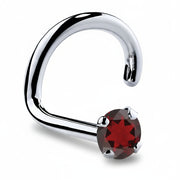 14K white gold garnet nose ring twist style with deep red 2mm round stone, angled side profile