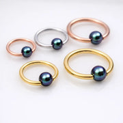 Peacock pearl captive bead rings in rose gold, silver, and yellow gold shown in small and large sizes