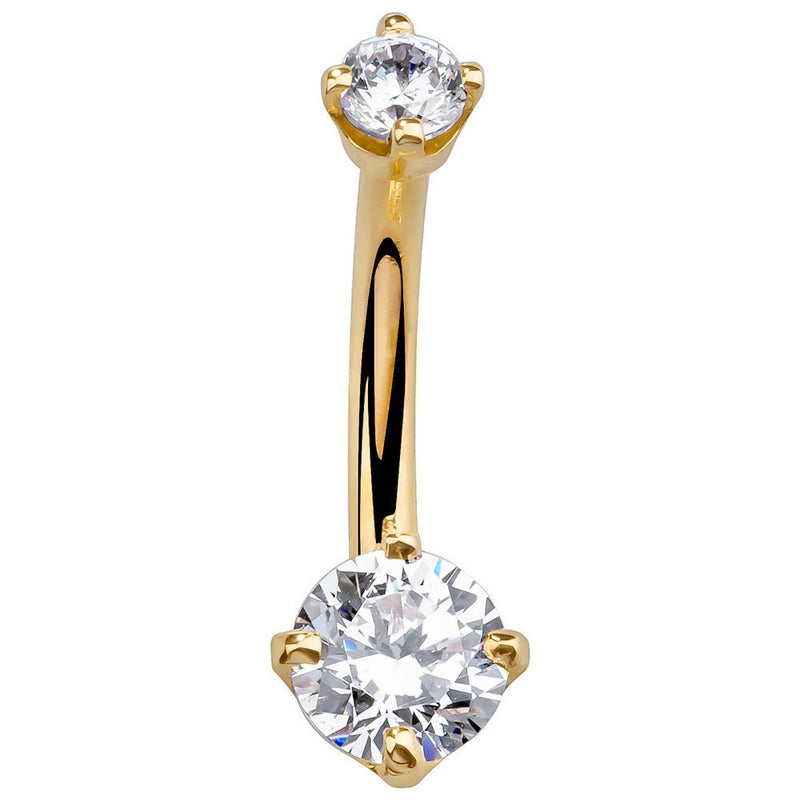 14k yellow gold petite diamond navel ring with dual round-cut stones in prong settings, front view