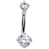 14k white gold diamond navel ring with dual prong-set stones, front view on white background