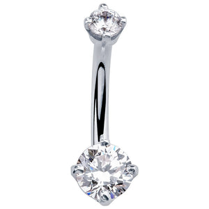 14k white gold diamond navel ring with dual prong-set stones, front view on white background