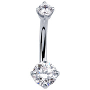 14k white gold CZ belly ring with dual round-cut cubic zirconia in prong settings, front view