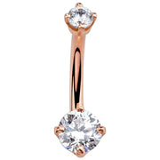 14k rose gold CZ belly ring with dual round-cut cubic zirconia in prong settings, front view
