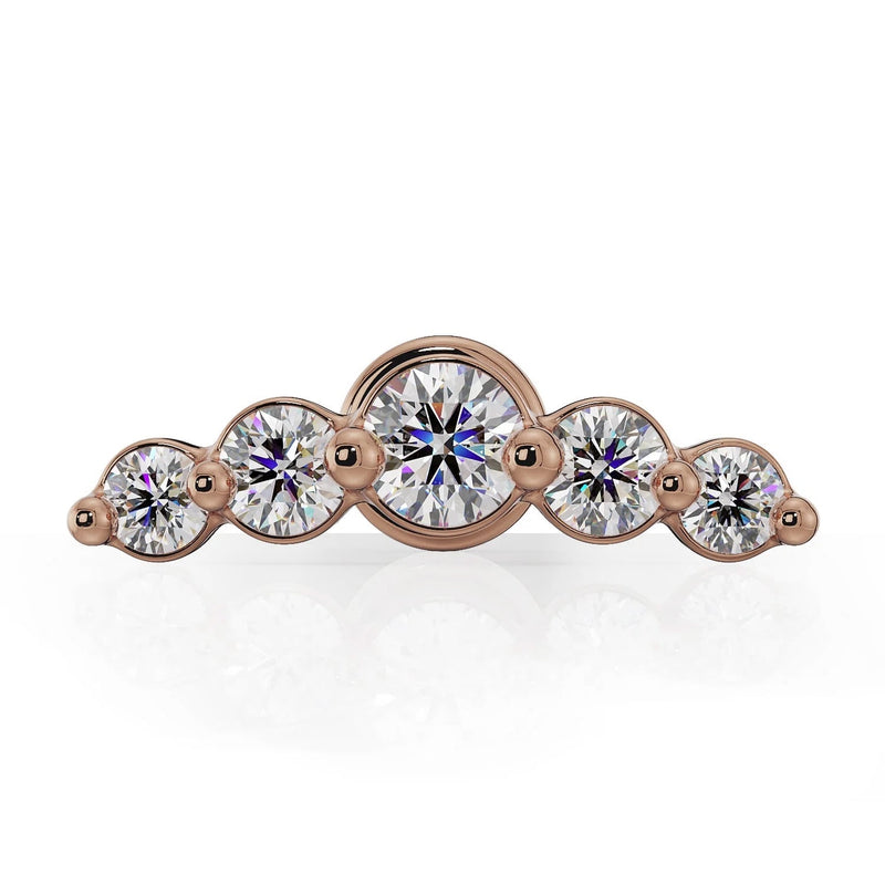 14K rose gold mini climber piercing stud end with 5 round CZ gemstones, front view