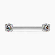 14k white gold straight barbell with dual round CZ in prong settings, front view