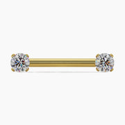 14k yellow gold straight barbell with dual round CZ in prong settings, front view