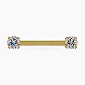 14k yellow gold straight barbell with dual round CZ in prong settings, front view