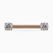 14k rose gold straight barbell with dual round CZ in prong settings, front view
