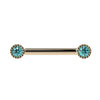 14k yellow gold straight barbell with dual 3mm aqua diamonds in milgrain Perlagé bezel settings