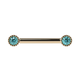 14k yellow gold straight barbell with dual 3mm aqua diamonds in milgrain Perlagé bezel settings