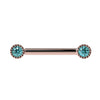 14k rose gold aqua diamond Perlagé nipple barbell with milgrain bezel ends, front view