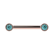 14k rose gold aqua diamond Perlagé nipple barbell with milgrain bezel ends, front view