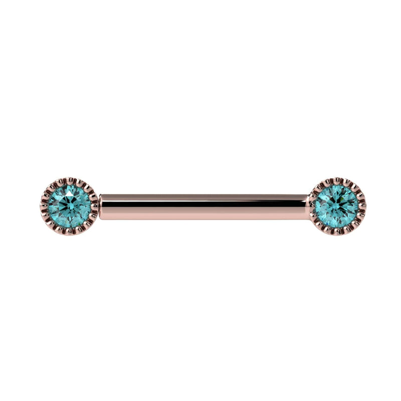 14k rose gold aqua diamond Perlagé nipple barbell with milgrain bezel ends, front view