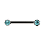 14k white gold straight barbell with dual aqua diamonds in vintage milgrain bezel settings, front view