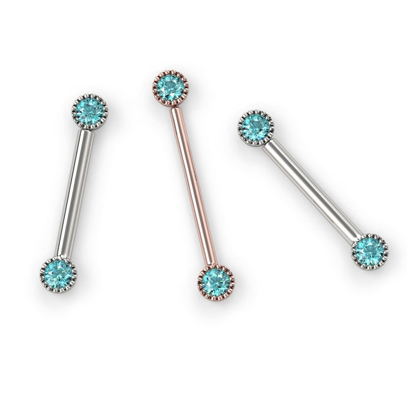Aqua diamond Perlagé straight barbell shown in white gold and rose gold color variants side by side
