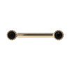 14K yellow gold straight barbell with dual 3mm black diamonds in milgrain bezel settings, front view