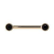 14K yellow gold straight barbell with dual 3mm black diamonds in milgrain bezel settings, front view