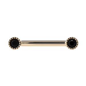 14K yellow gold straight barbell with dual 3mm black diamonds in milgrain bezel settings, front view
