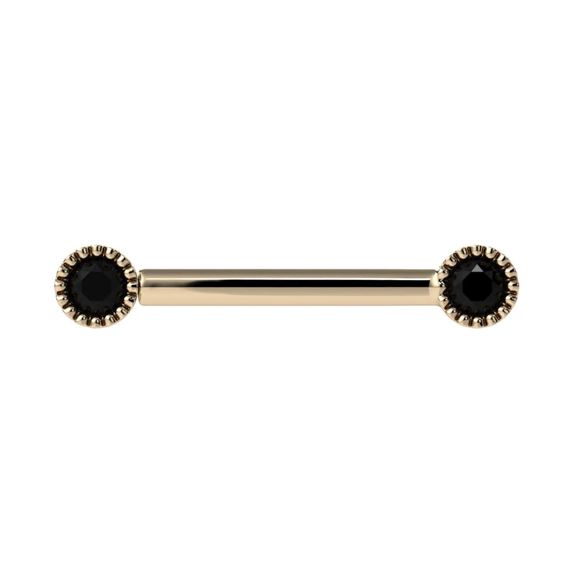 14K yellow gold straight barbell with dual 3mm black diamonds in milgrain bezel settings, front view