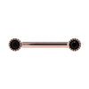 14K rose gold straight barbell with dual 3mm black diamonds in Perlagé milgrain bezel settings, front view