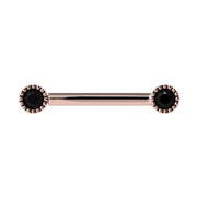 14K rose gold straight barbell with dual 3mm black diamonds in Perlagé milgrain bezel settings, front view