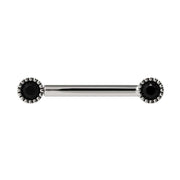 14K white gold straight barbell with dual 3mm black diamonds in vintage milgrain bezel settings, front view