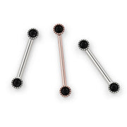 Black diamond Perlagé straight barbells in 14K white gold and rose gold shown side by side for color comparison