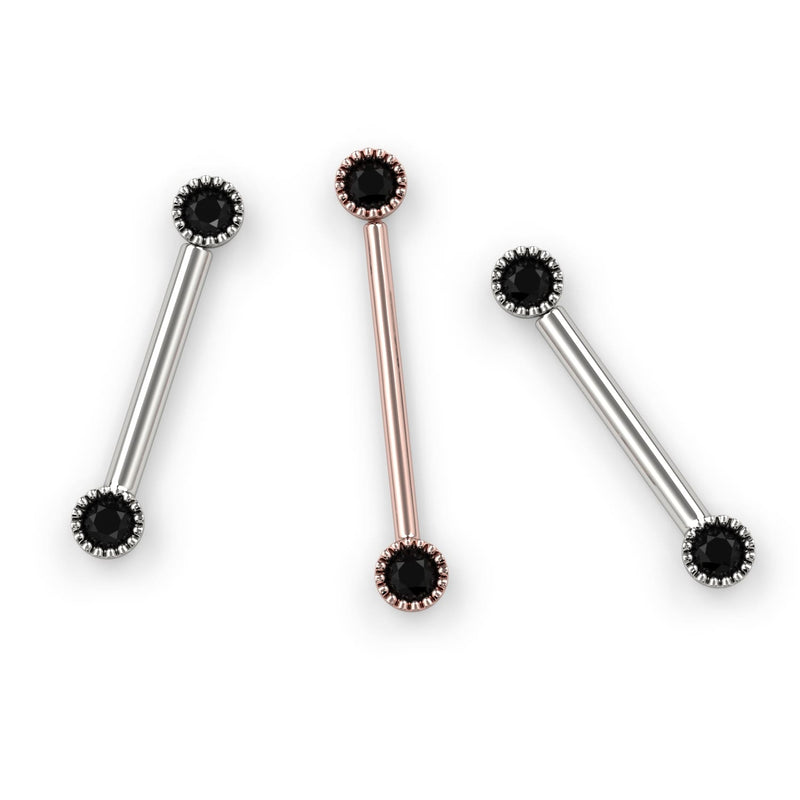 Black diamond Perlagé straight barbells in 14K white gold and rose gold shown side by side for color comparison