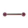 14k rose gold straight barbell with dual 3mm pink diamonds in Perlage milgrain bezel settings, front view