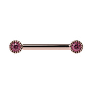 14k rose gold straight barbell with dual 3mm pink diamonds in Perlage milgrain bezel settings, front view