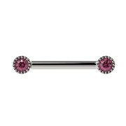 14k white gold straight barbell with dual 3mm pink diamonds in vintage milgrain bezel settings, front view